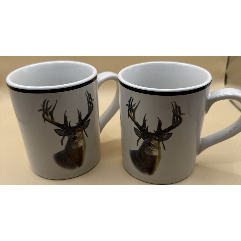 VTG Bass Pro Shops Buck Deer Coffee Mugs Lot Of 2 Cups 14 Ounce Tea Hunting